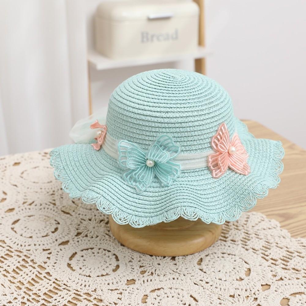 Wide Brim Straw Bag Cap Set Pearl Bow Style Sun Hat Sunscreen Sunshade Hat  for 2-8 Years Kids