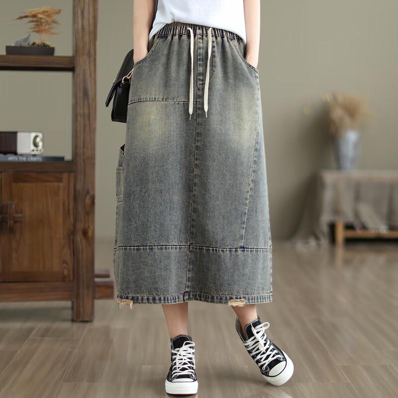 Ronghua Fashion High-Waisted A-Line Denim Midi Skirt