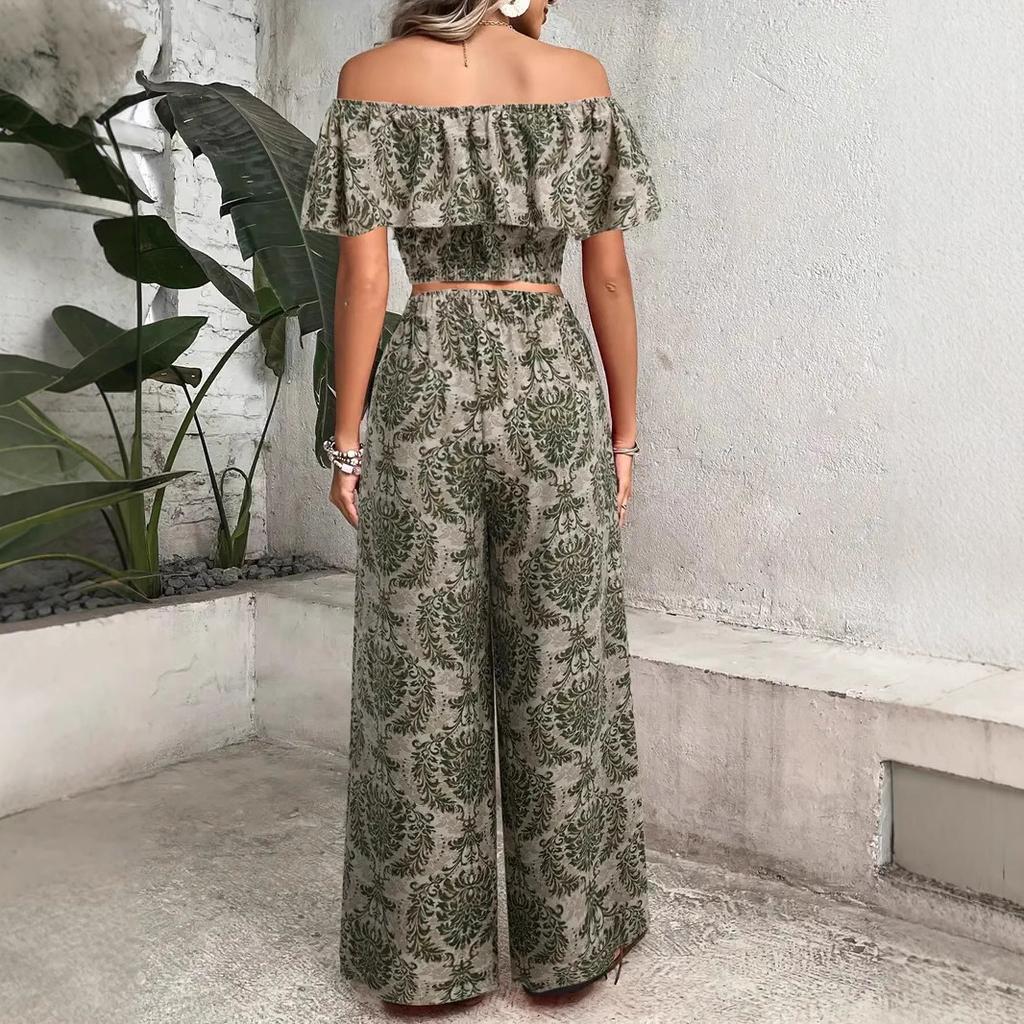 Vacation Jumpsuit Summer Ladies Printed Off-Shoulder Top and Wide Legs Pants Set