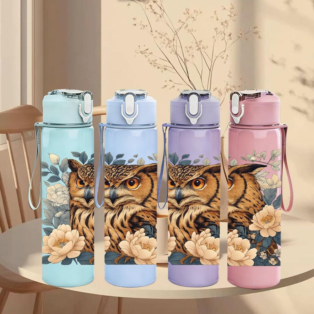 1PC Owl Vintage Flower Decor Print 750ml Color Plastic Sports Water Bottle Leakproof Flip Straw Lid Suitable for Sports Office Home Use