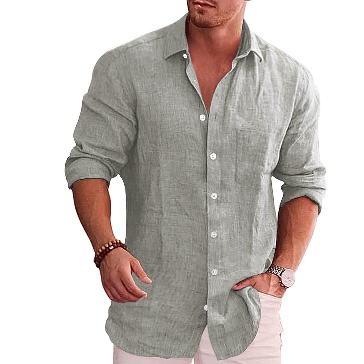 Baumwolle Leinen Herbst Herren Langarm Hemd Einfarbig Casual Stil Plus Größe Herren Casual Leinen Hemd XS grau