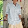 INCERUN Oversized Men Lapel Neck Long Sleeve Striped Casual Buttons Up Shirts