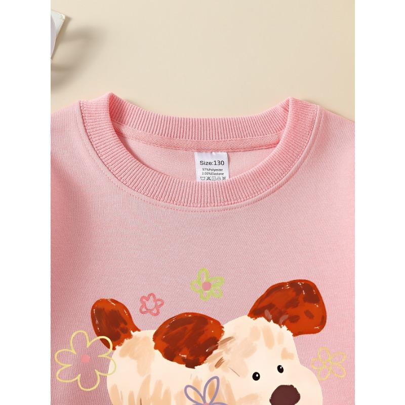 European sizes Girls' Soft Crewneck Sweatshirt, Cute Puppy with Flowers Print, Casual for Fall Winter, Ideal Holiday Present.