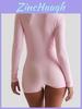 Pink Black High Waist Long Sleeve Bodycon Jumpsuit With Button Closure For Active Wear