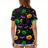 Women's Short Sleeve Button Down Collared Top with Halloween Print - Casual Fashion Blouse with Side Slits