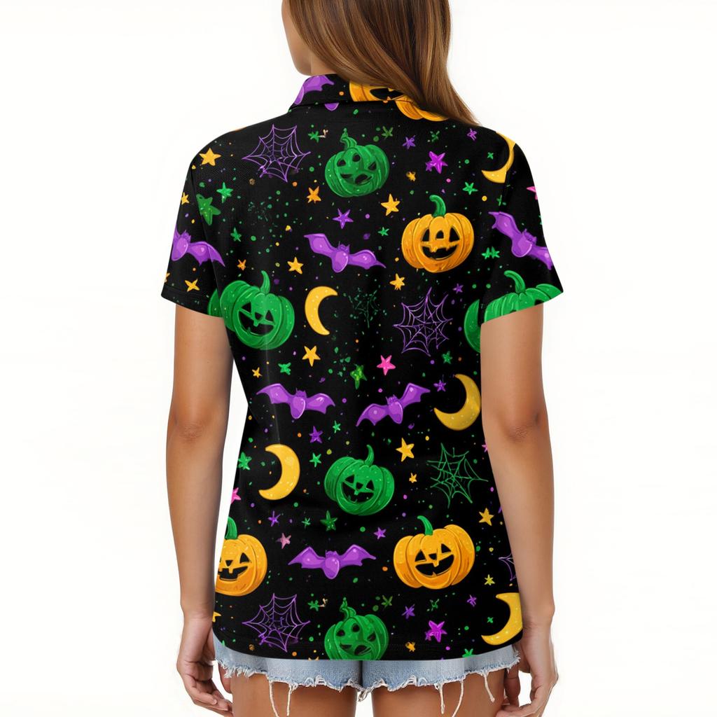 Women's Short Sleeve Button Down Collared Top with Halloween Print - Casual Fashion Blouse with Side Slits