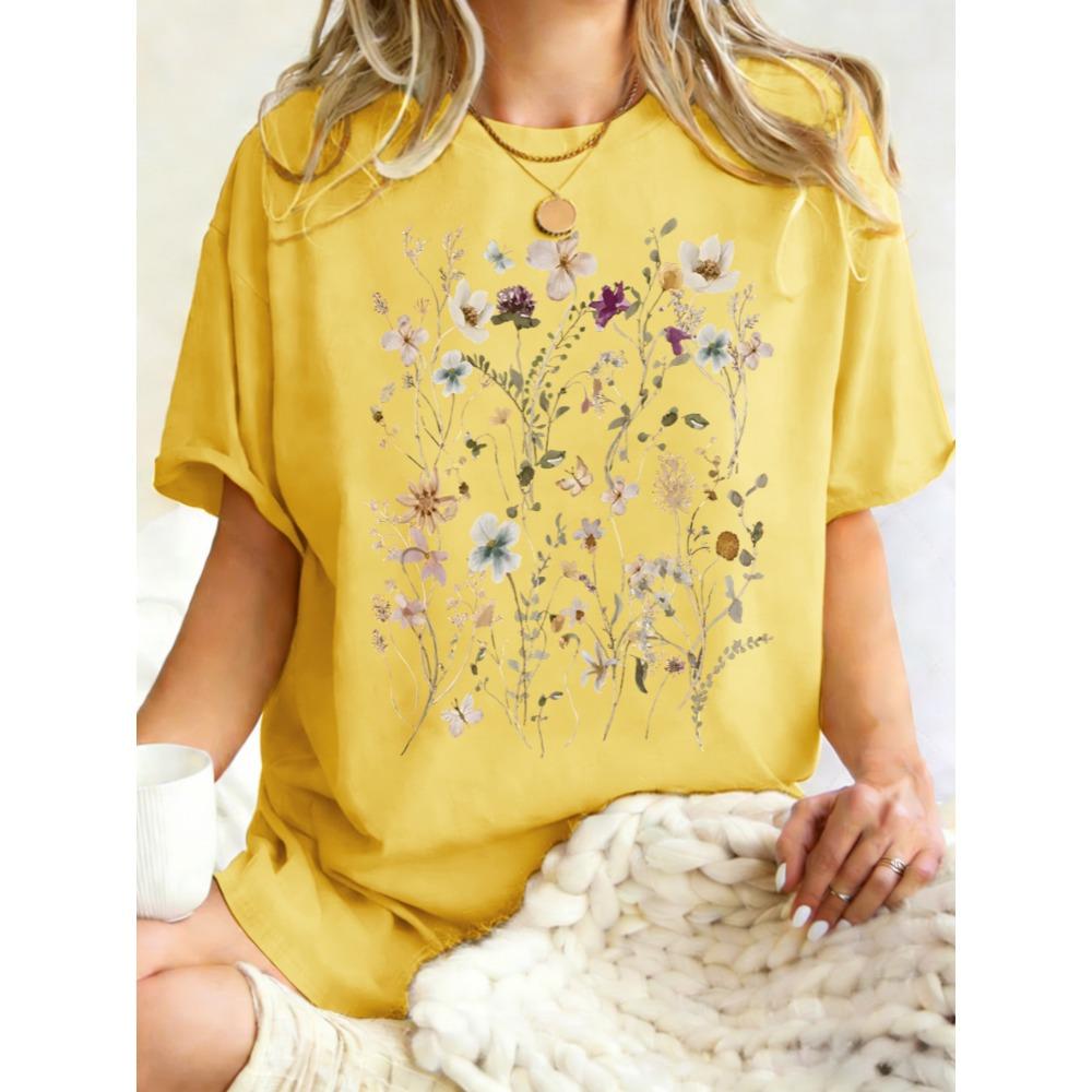 Beautiful Flower Clusters Printing Woman T-Shirt Summer Oversized Short Sleeve O-Neck Cotton T Shirts Y2K Women Sports Tops