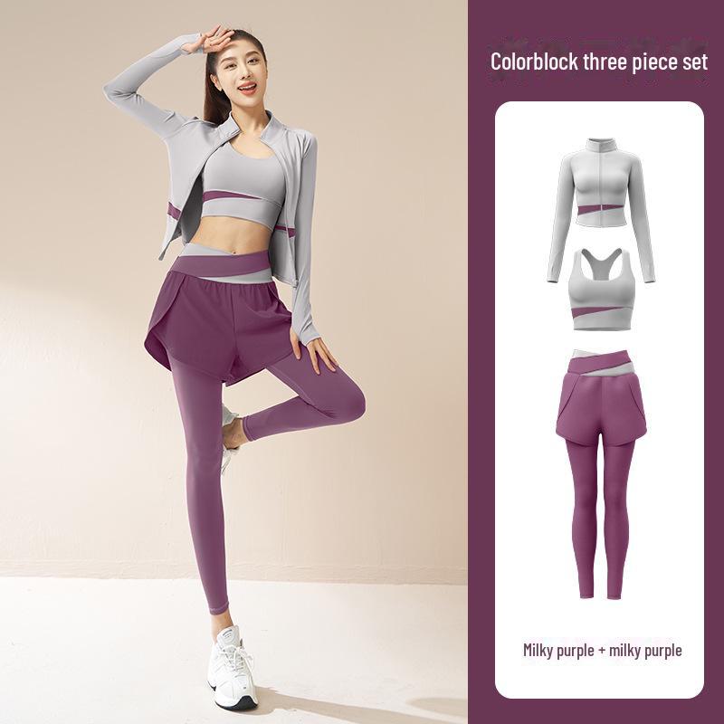 Juyitang Women's Color-Matching Yoga Three-Piece Set - Breathable Slim Fit Sportswear.