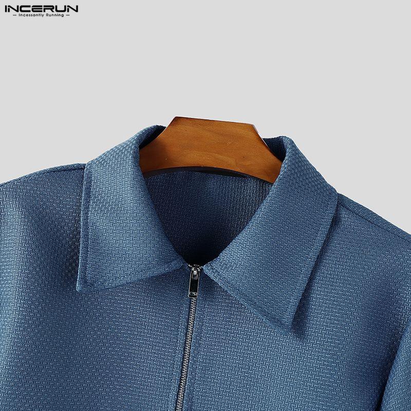 INCERUN Men Lapel Neck Long Sleeve Zip-Up Texture Cropped Casual Shirts