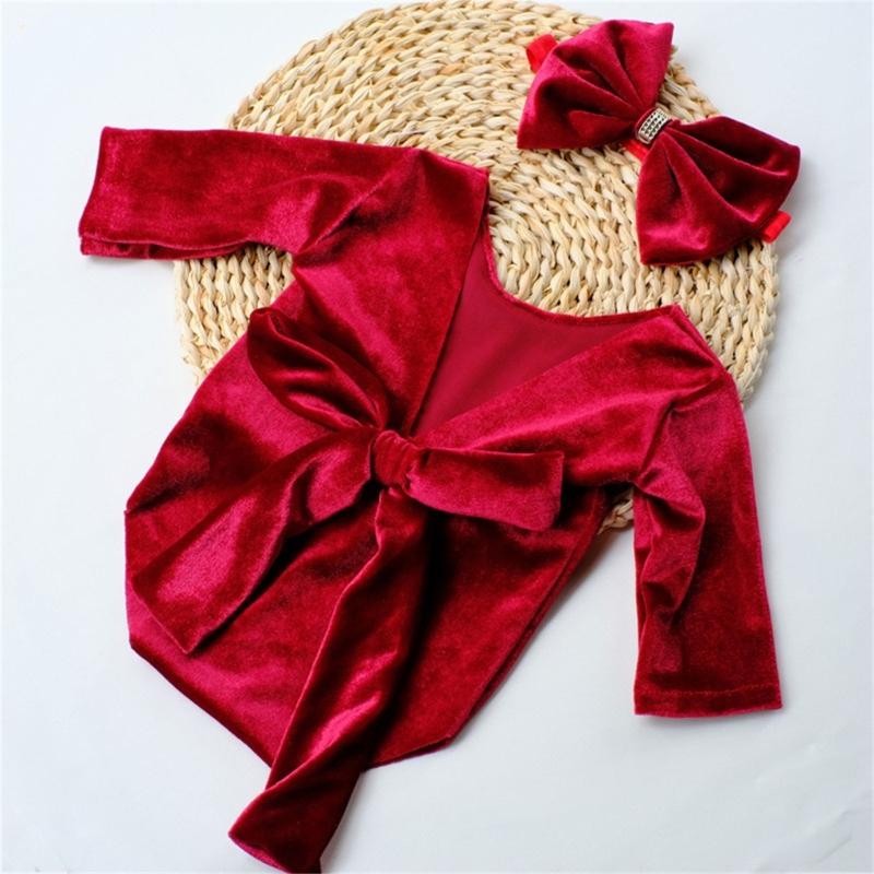 Baby Girls Photo Clothes Long Sleeve Jumpsuit Newborn Costume OnePiece Romper Bowknot Headband Infant Photo Outfit 2pcs