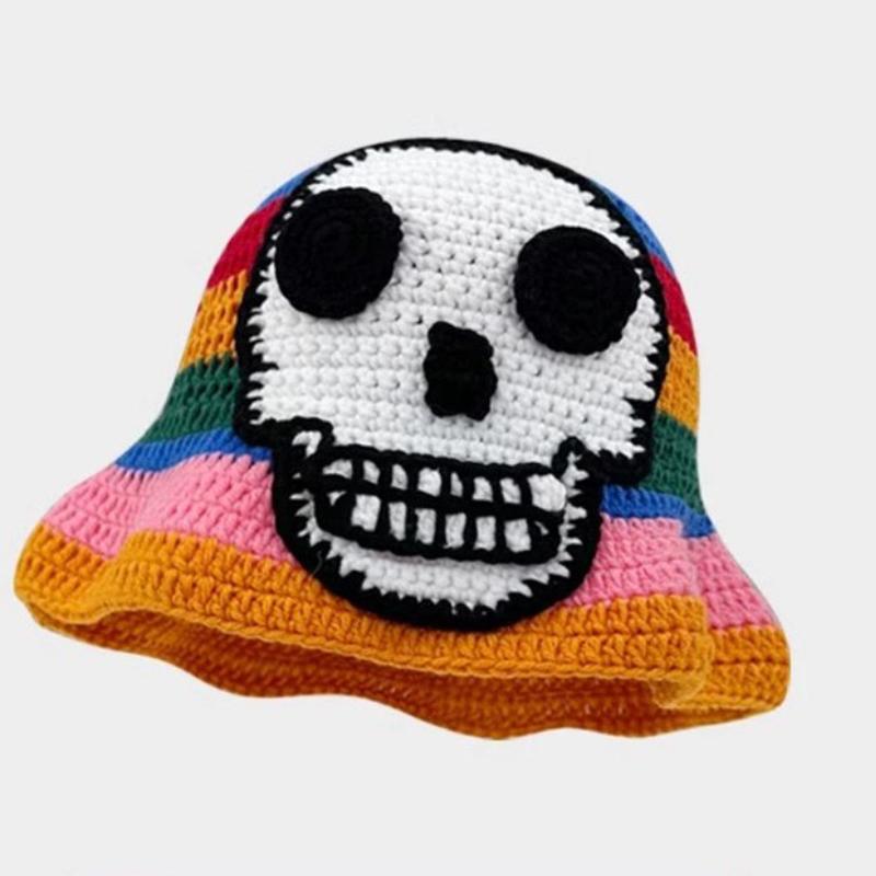 Trendy Skeleton Embroidery Fisherman Hat Winter Handmade Crochet Knitted Hip Hop Bucket Hat Round Basin Hat Halloween Cold Caps