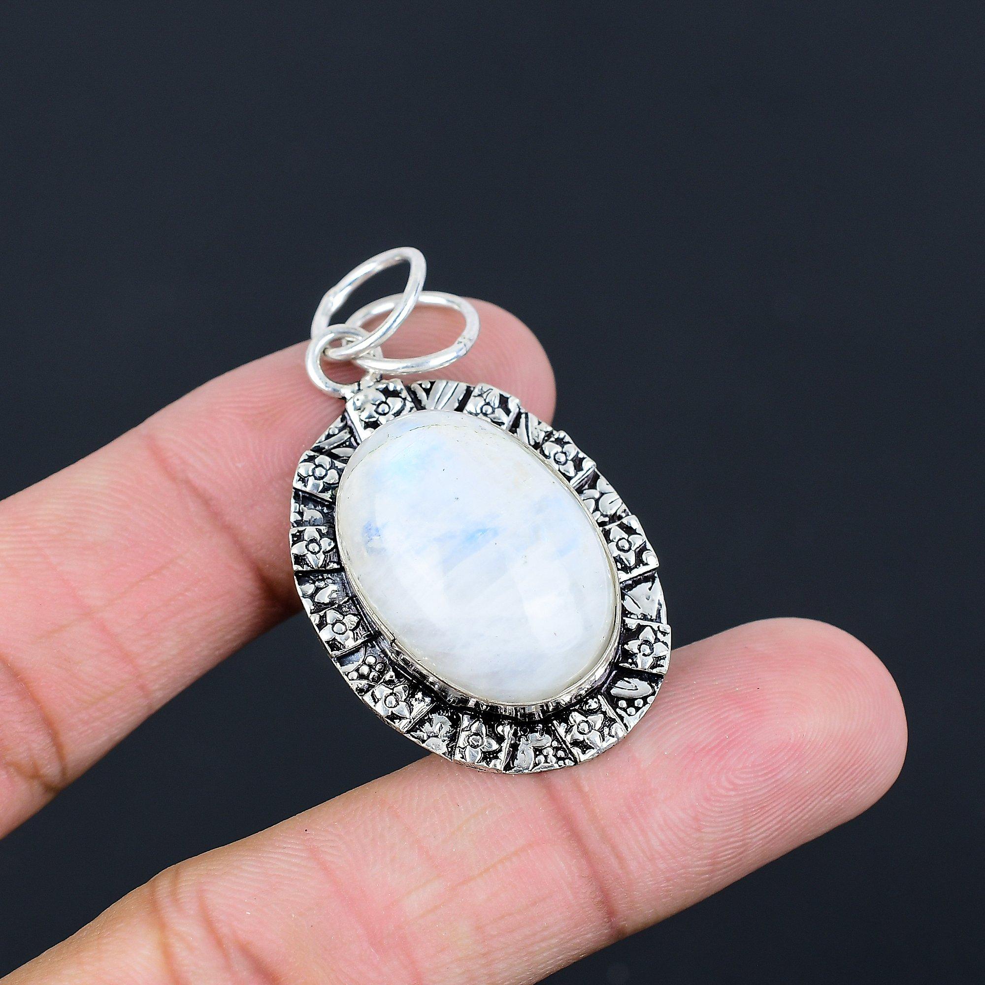 Rainbow Moonstone Gemstone 925 Silver Daughter Engagement Bezel Pendant Jewelry