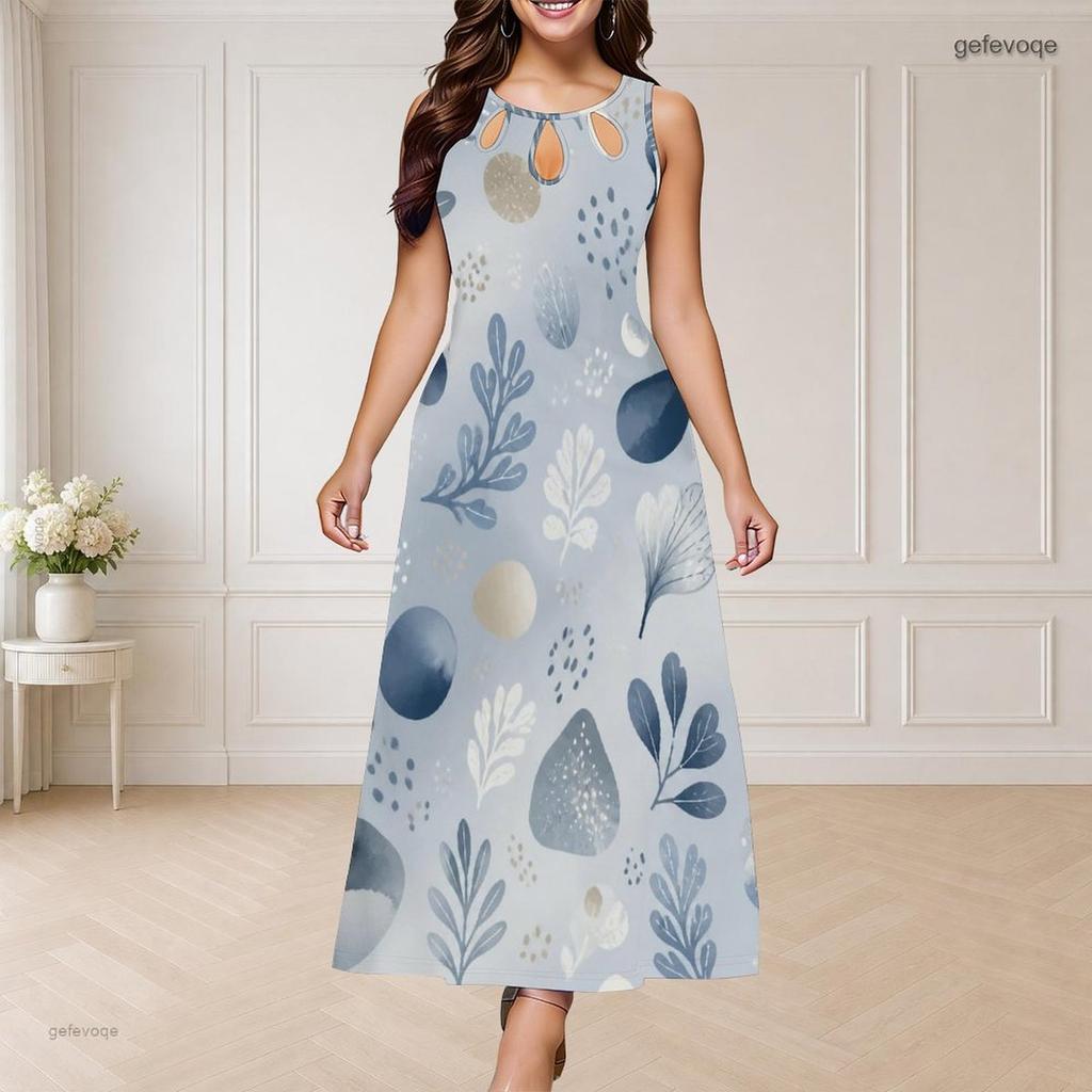 Women Plus Size Round Neck Triple Keyhole Cutout Sleeveless Printed Maxi Dress