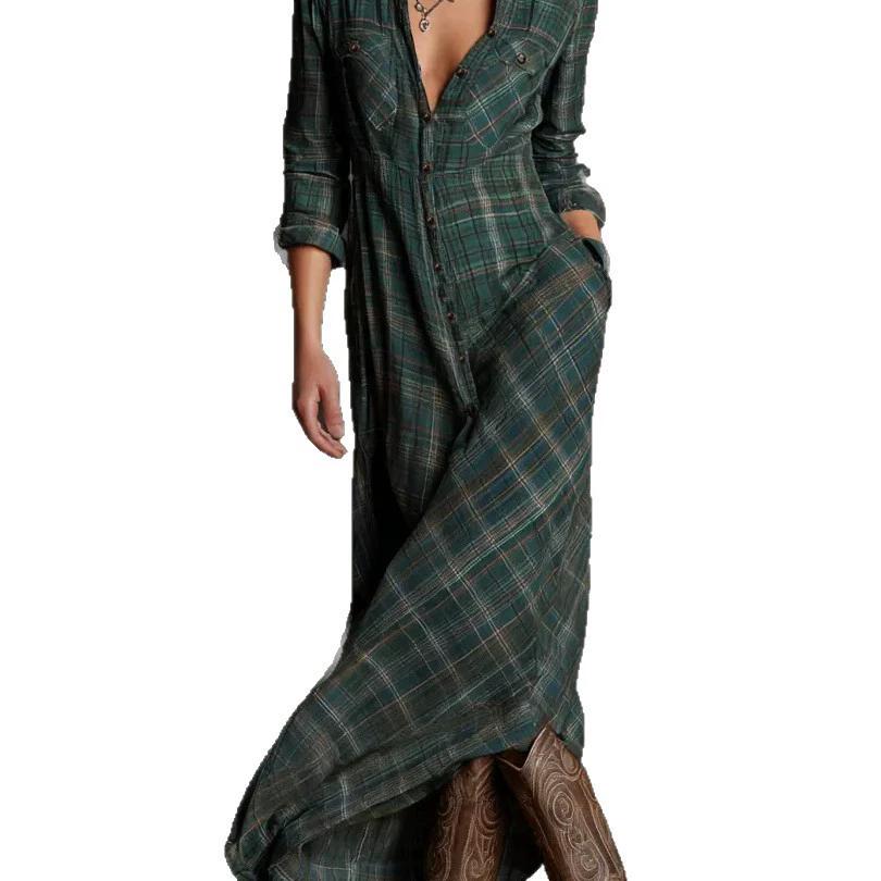 Autumn Turn-down Collar Button Up Plaid Clothes Dresses Vintage Robe Women Elegant Swing Dress Retro Pull On Dress