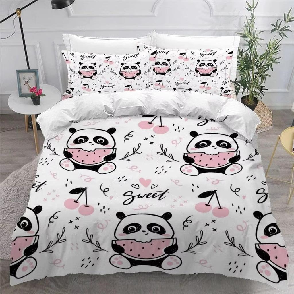 Pandas Eat Watermelon Duvet Sets For Single Bed,Cute Panda Single Bedding Set Duvet Covers With Zip For Children/Teenagers