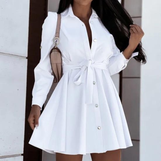 Turn-Down Collar Long Sleeve Women Dress Belt Solid Color Single Breasted Shirt Dress Female Clothing