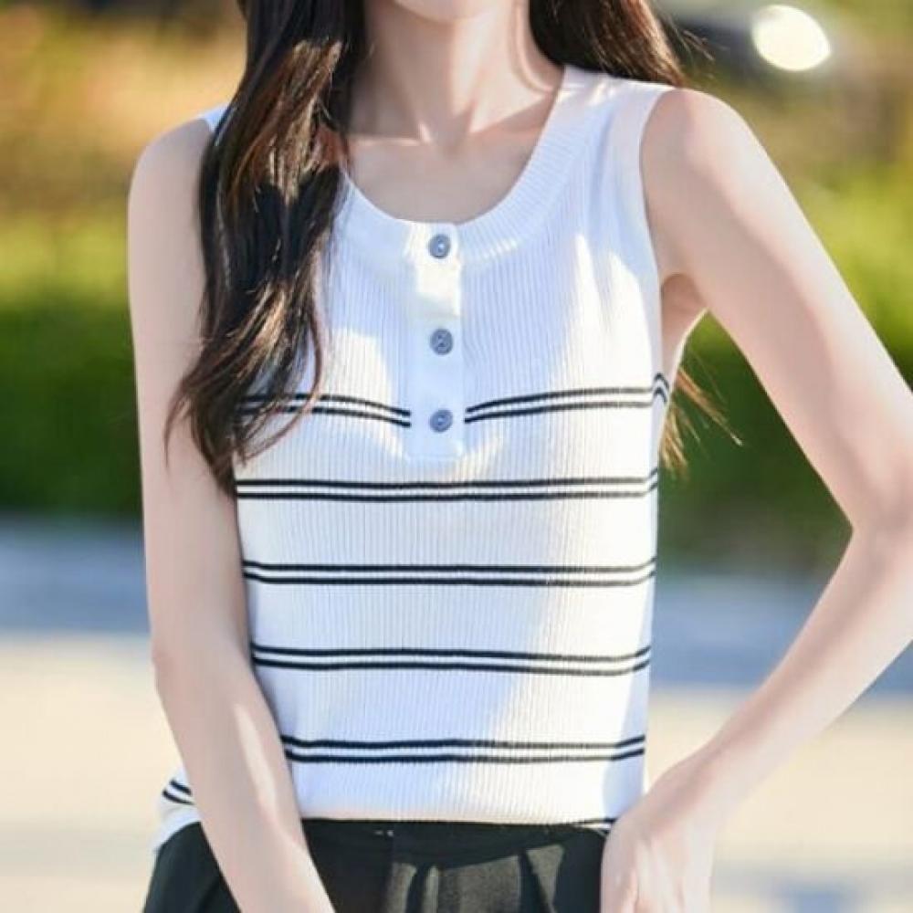 Navava Women Ribbed Sleeveless Knit With Stripe Point Nk2944