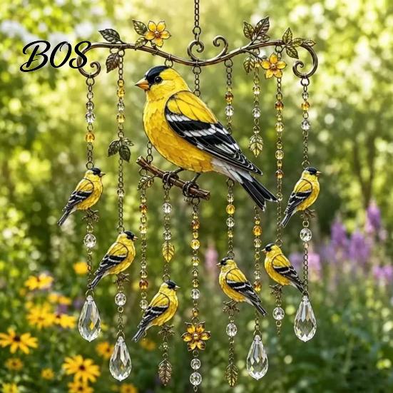 Soothing Garden Decor Graceful Bird Wind Chimes, Chimes for Outside, Metal Imitation Stained Glass Hanging Suncatchers with Crystal Pendants