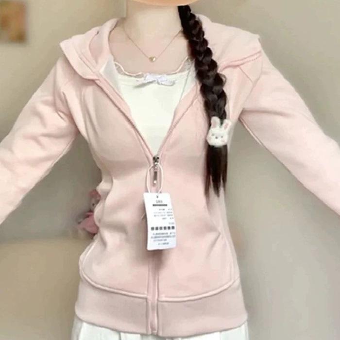 Women's Slim-Fit Pink Hooded Zip-Up Cardigan - Spring/Autumn Yoga Style