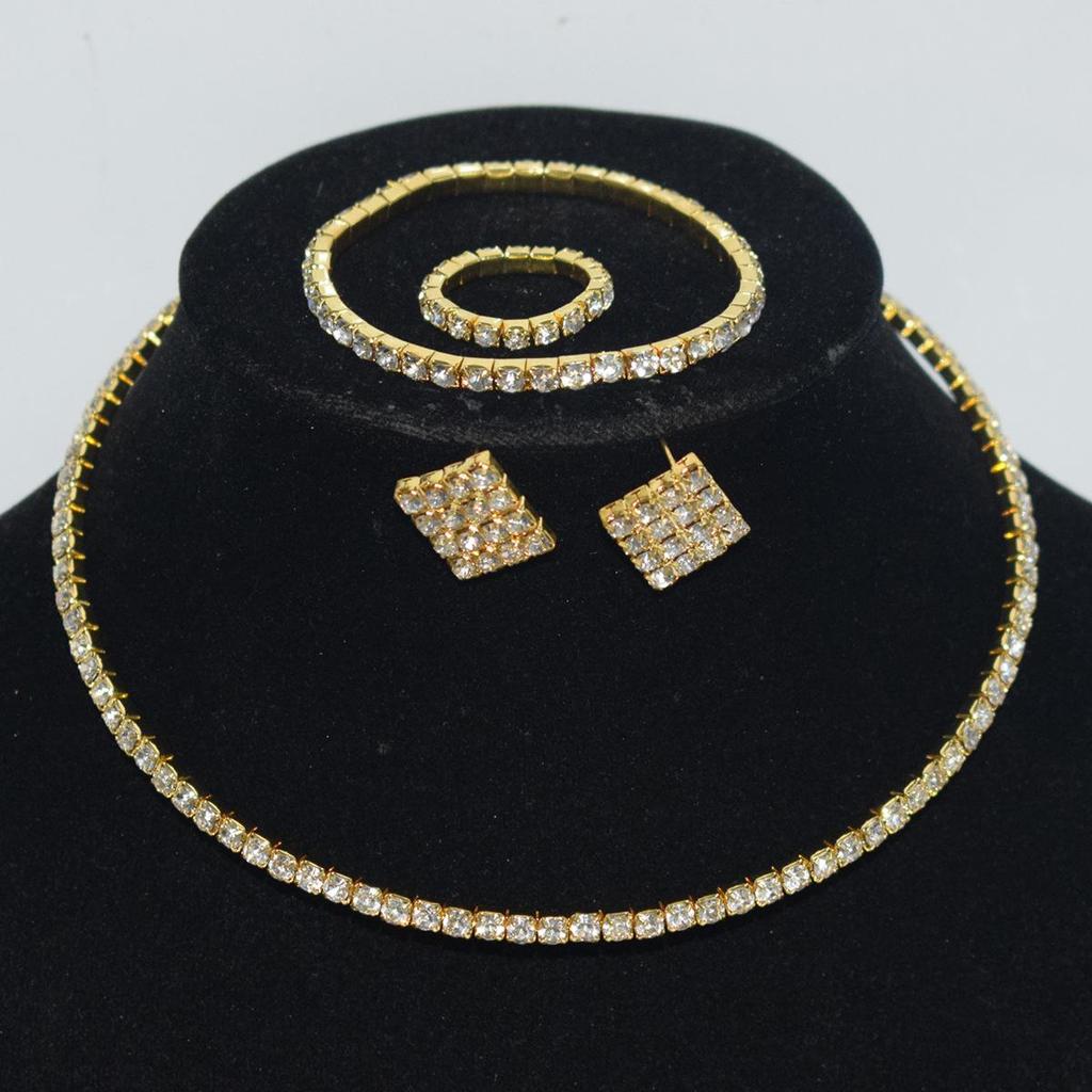 Gold & Silver Rhinestone Jewelry Set: Choker, Bracelet, Stud Earrings, & Necklace