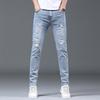 Men's Summer Light Ripped Slim Straight Jeans - Elastic, Casual, Thin, Korean Style.