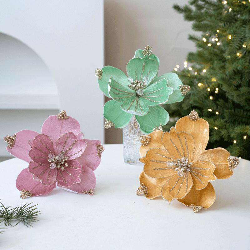 22CM Glitter Accents Flower Floral Decor Eco-Friendly Fabric Reusable Fabric Elegant Simulated Christmas Flowers Holiday Staging
