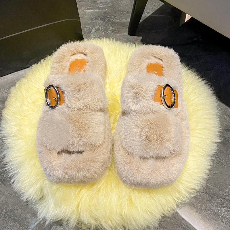 

Осенние и зимние тапочки с квадратной головкой из меха, пряжка для ремня, модное утолщение, подчеркивающее внешний вид дома снаружи, теплые тапочки 40 дубильная кора