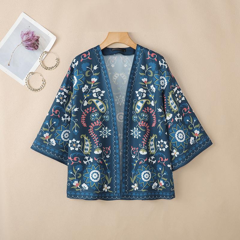 

ZANZEA Women Printing Casual Loose 3/4 Sleeve Cover Up Blouse 5XL Темно-синій