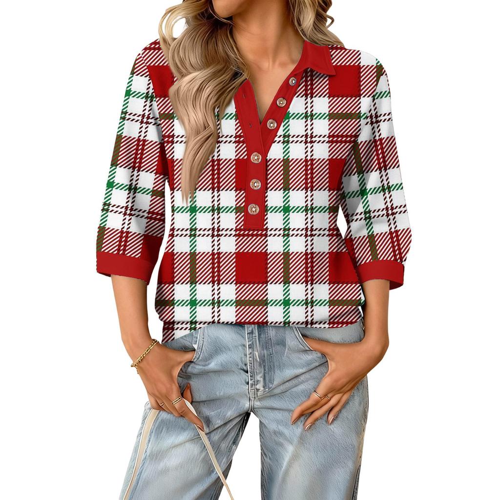 Women's fashionable and casual summer V-neck patchwork three-quarter sleeve plaid print top
