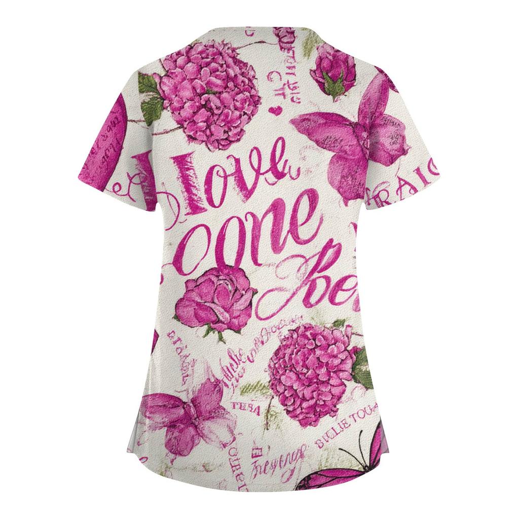 Dámská móda V-výstřih Krátký rukáv Kombinézy Kapsa s dvojitou vrstvou Tištěná trička Oblečení