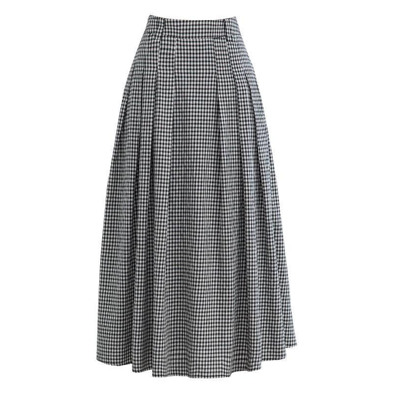 Xin Ge Women s Black & White Plaid Cotton Linen Vest and Elastic Skirt Set Large