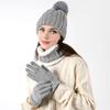 3Pcs/Set Winter Knitted Scarf Gloves Set Pom Pom Ball Fleece Lining Brimless Hat Touchscreen Gloves Neck Warmer Set