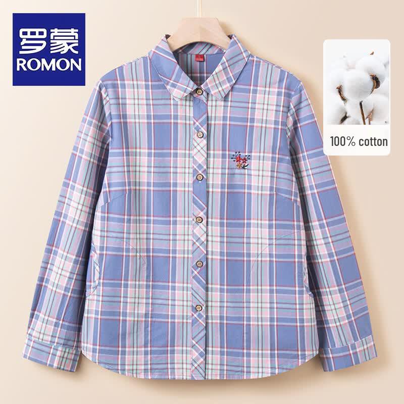 Romon Women s Plaid Pure Cotton Long Sleeve Shirt 5XL