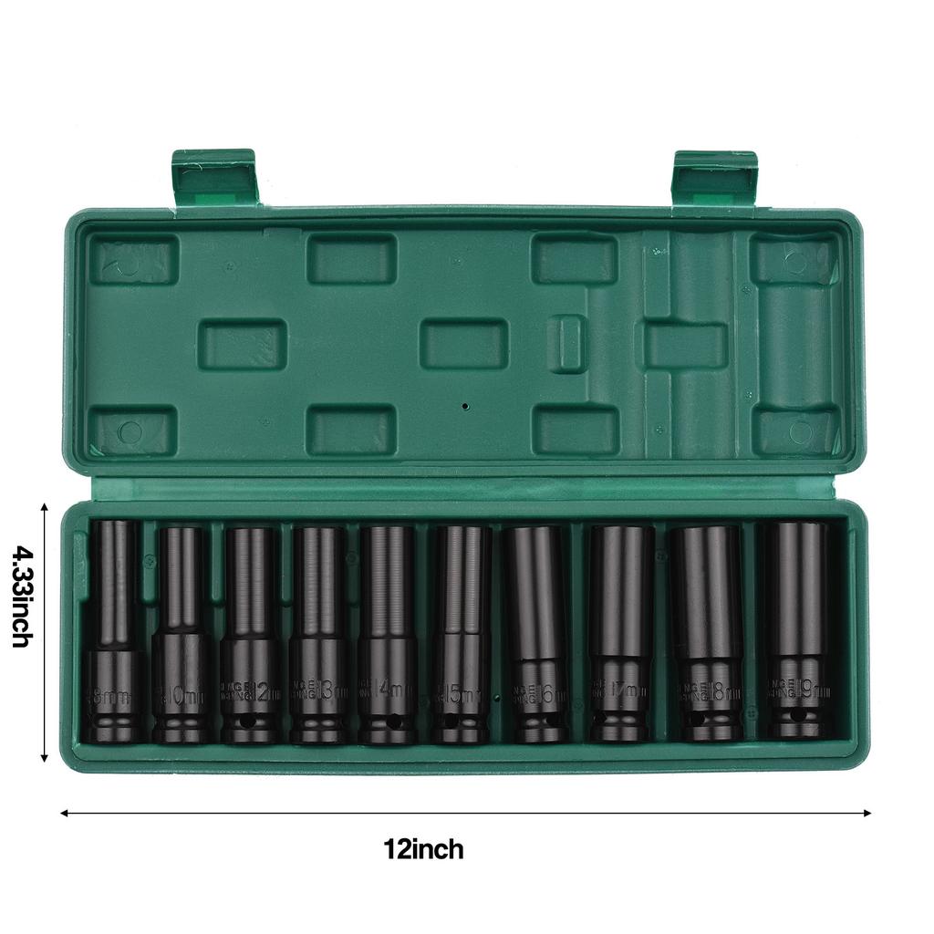 Geevorks 1/2Inch Drive Hex Impact Socket Set 10-Piece Deep Socket Metric Sizes 8-19mm CR-V Material with Storage Box