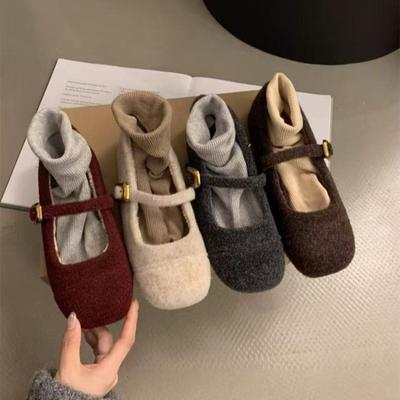 2025 Furry Shoes for Women Autumn and Winter French Retro Square Toe Mary Jane Shoes Fashion Buckle Strap Ladies Ballet Felts