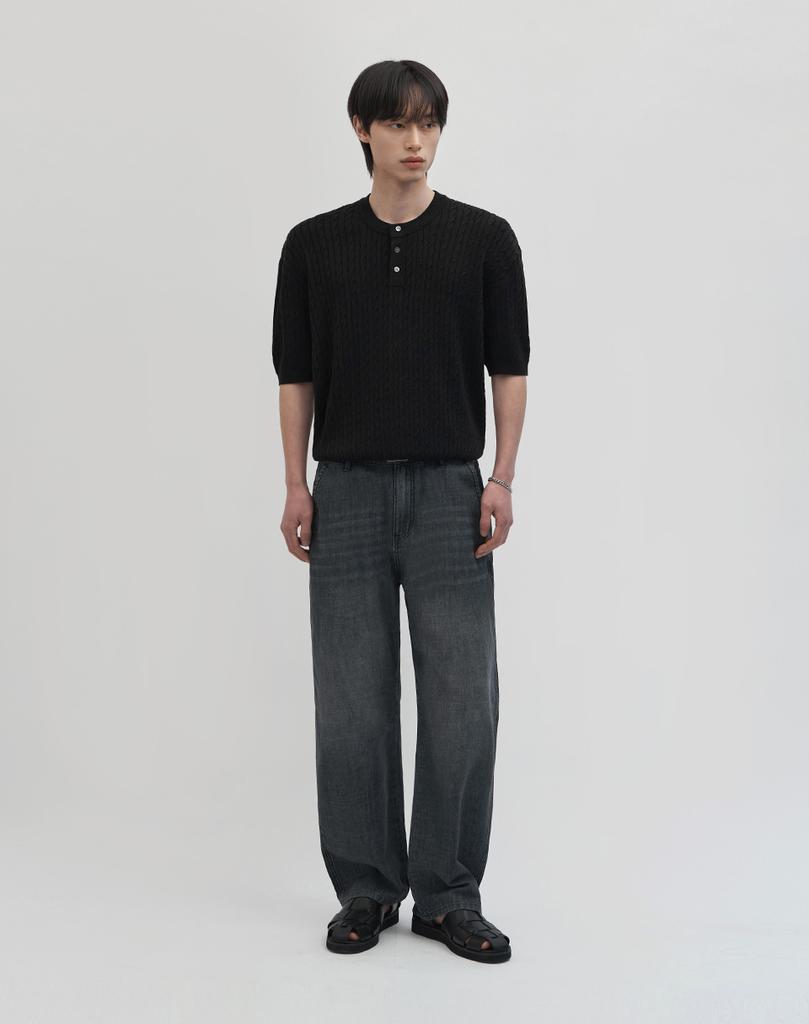 WORK ON BODY OFF Cool Bamboo Semi-Overfit Cable Henley Neck Short Sleeve Knit [Black]