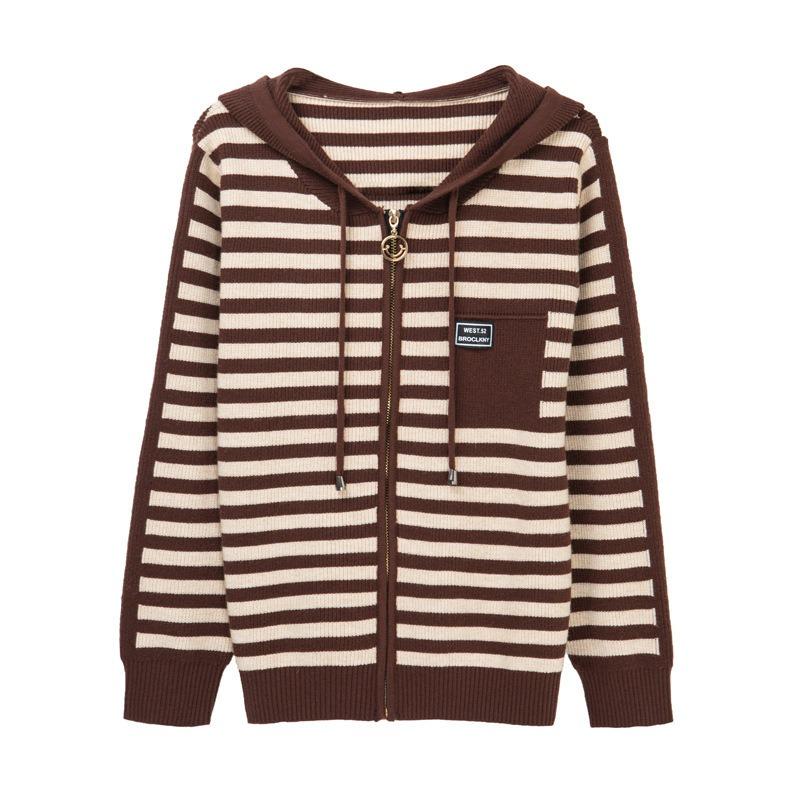 Chinese mother spring and autumn clothes hooded lapel jacket women's new models in the elderly striped cardigan red sweater