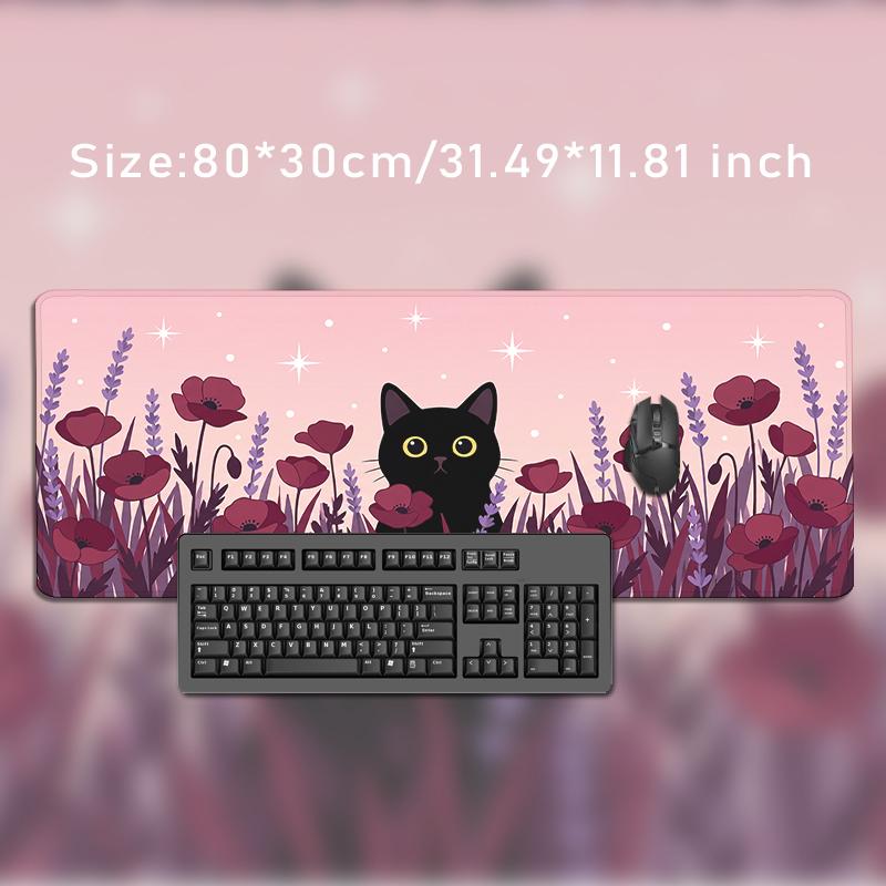Mouse Pad Black Cat Pink Flower Field Gamer printon demand Large HD Mousepad XXL MousePads Carpet Non-Slip Office PC Table Mat