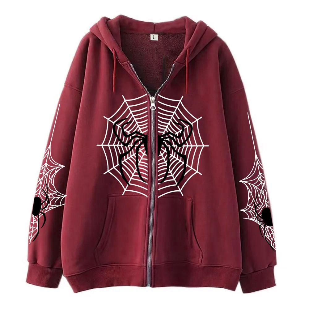 2023 Cross-border spider web zipper foreign trade sweater street tide spring and autumn hoodie American retro casual coat women