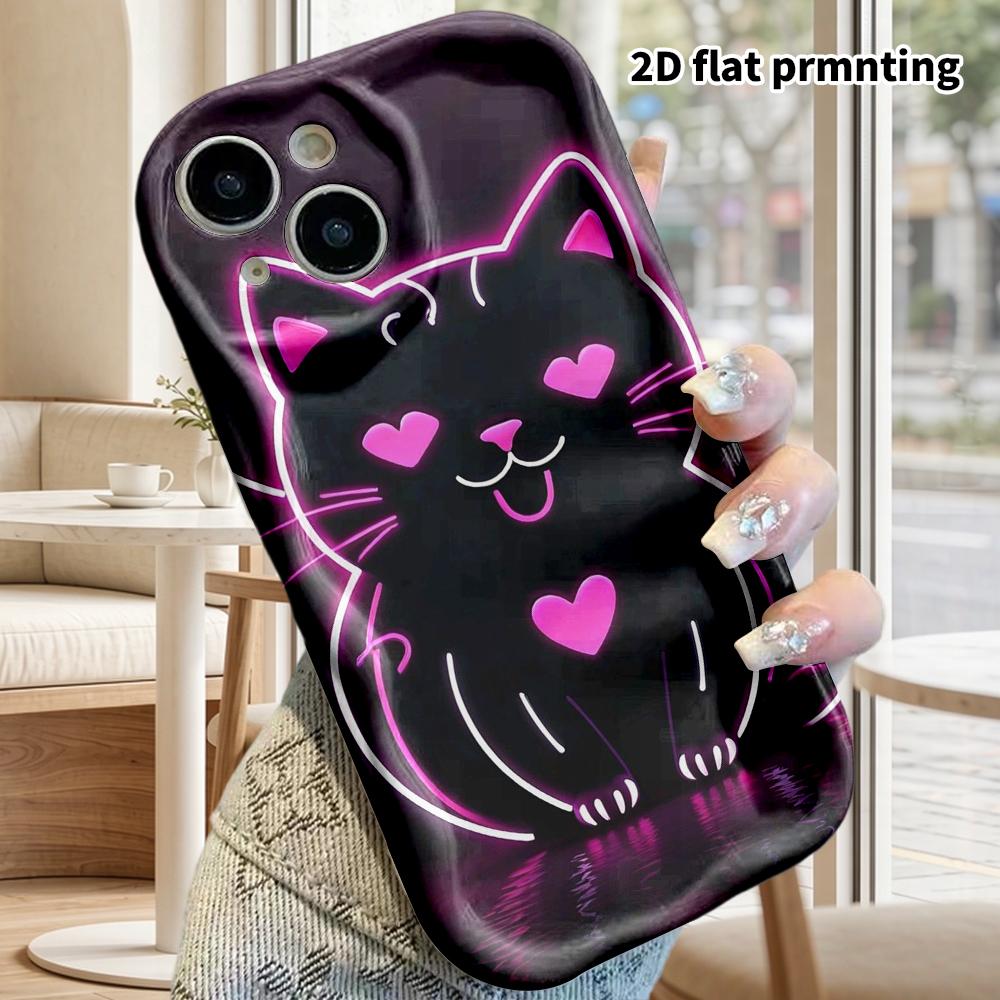 Phone Case: 2D Flat Design Suitable for iPhone 18, 17, 16, 15, 14, 13 Pro Film Protective Case, Couple Style, Line Art Black Cat, Christmas and Hallow
