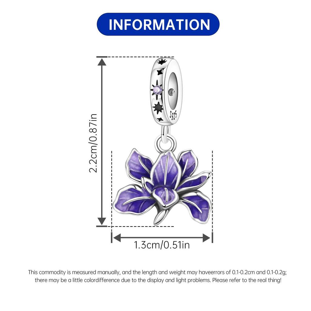PANPOKI 925 Silver Iris Flower Pendant Charm Bracelet Jewelry DIY Trendy Gift for Women Party Beads