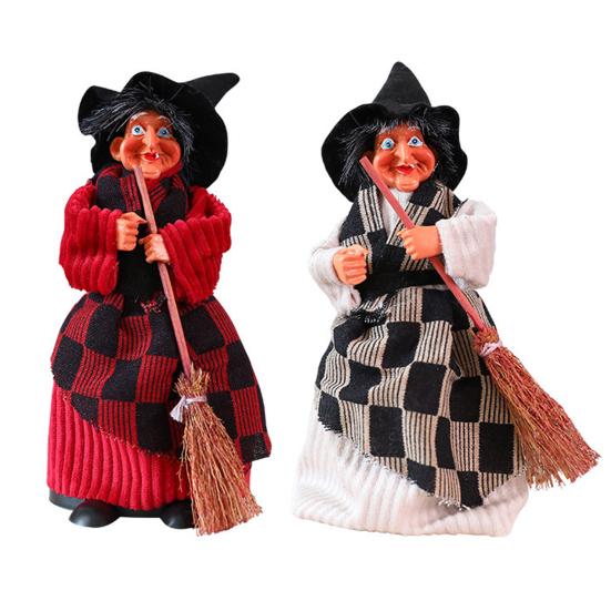 Halloween Witch Doll Standing Witch Figure Holding Broomstick Desktop Spooky Witch Figurine for Halloween Party Mantel Dining Table Decor