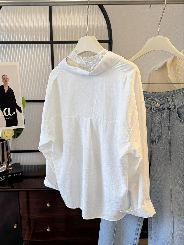 French-Style Two-Piece Set: Turn-Down Collar Long Sleeve Shirt + Lace Vest for Women.