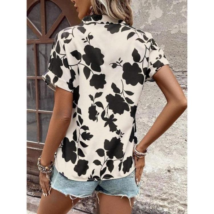 Women's Casual Loose Fitting Floral V-neck Bat Sleeve Shirt Top Fashion