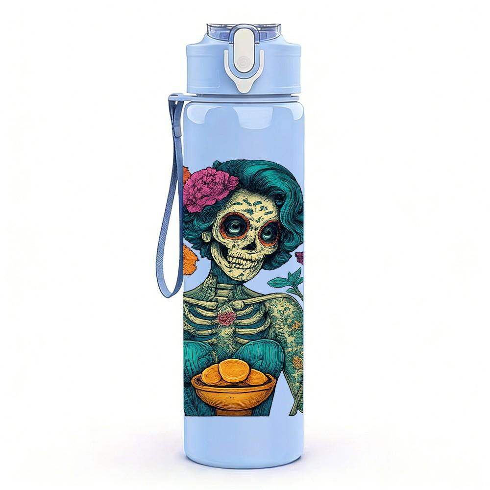 1PC Sugar Skull Colorful Art Print 750ml Color Plastic Sports Water Bottle Leakproof Flip Straw Lid Suitable for Sports Office Home Use