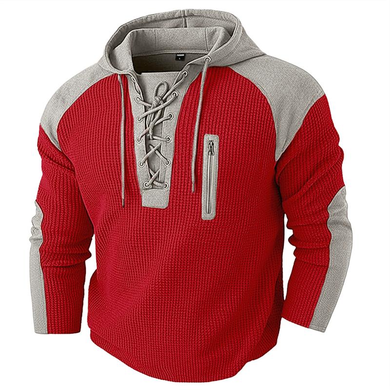 Spring Autumn Casual Men's Waffle Patchwork Hoodies Vintage Contrast Color Hooded Sweatshirts Men Fashion Sports Hoodie Men