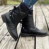 Vintage Classic Elegant 's Mid-Calf Boots. Elastic Collar Design, Lace-Up Adjustable for Plus Size S. Multiple Colors Available