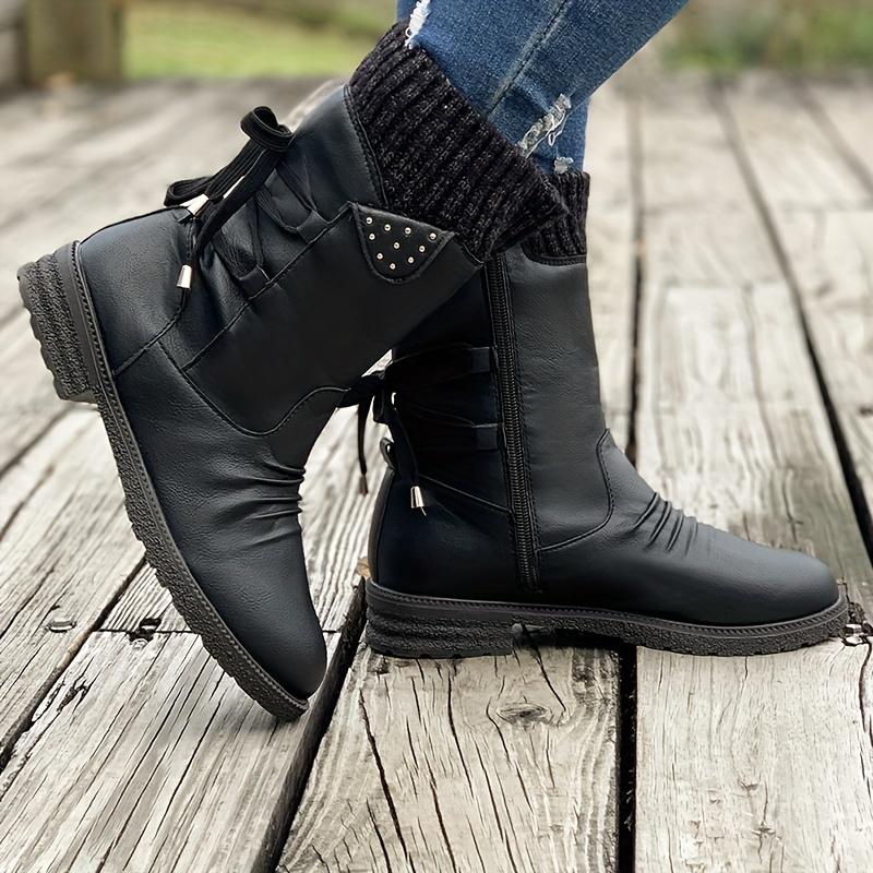 Vintage Classic Elegant 's Mid-Calf Boots. Elastic Collar Design, Lace-Up Adjustable for Plus Size S. Multiple Colors Available
