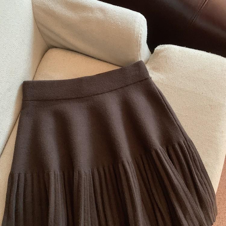 Grey High-Waisted Pleated A-Line Skirt for Women - Autumn White Short Style