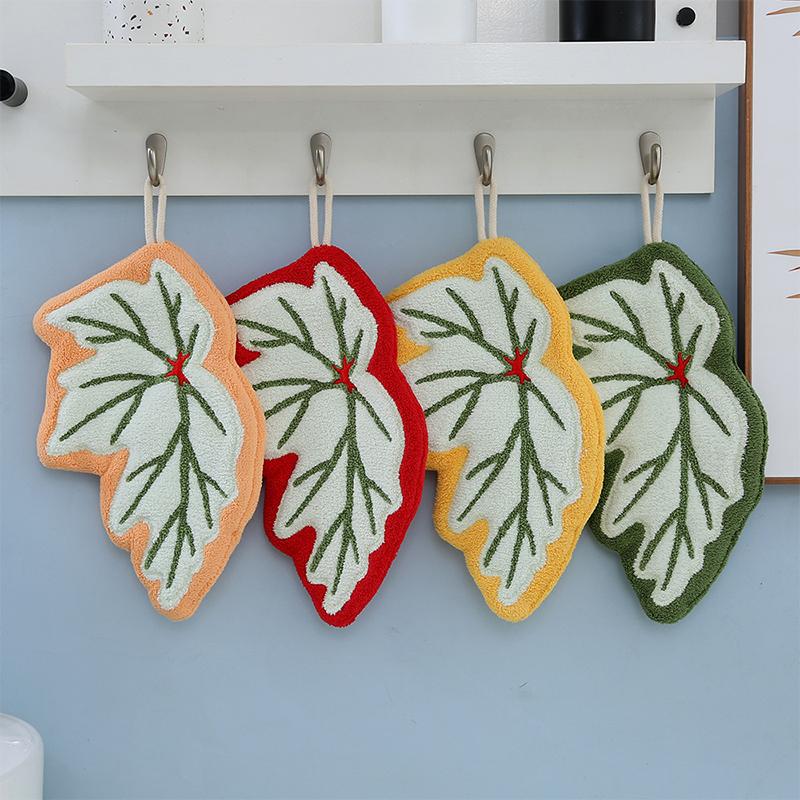 Leaf-Shaped Hanging Hand Towel Soft Coral Fleece Tea Towels Super Absorbent Bath & Kitchen Towel Decorative Towels Home Decor